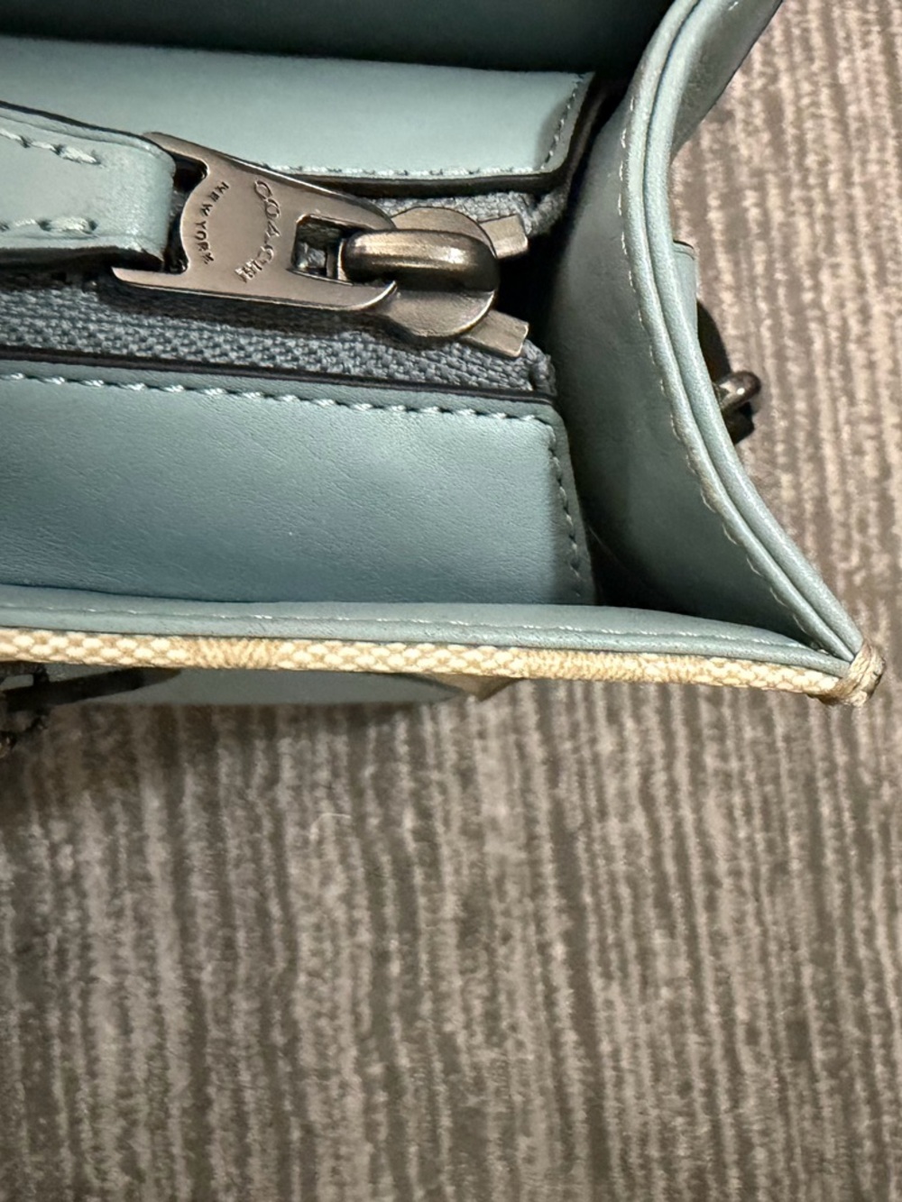 Coach Beige Signature Canvas Tote with Light Blue Trim - Picture 9 of 16